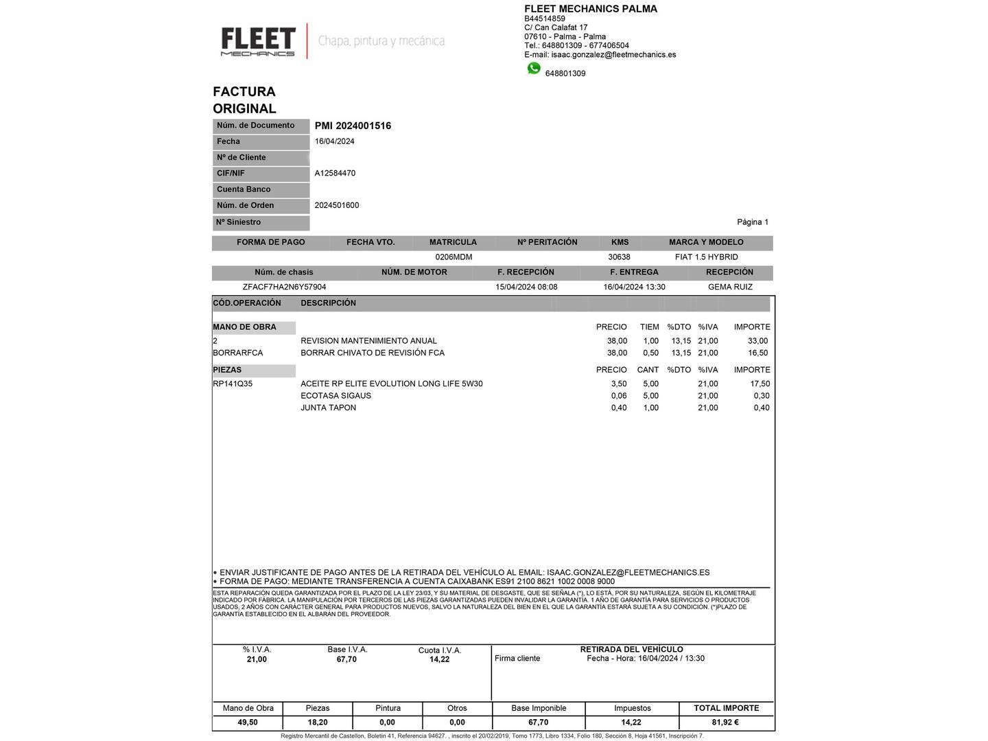 Foto del mantenimiento del Fiat Tipo Fiat Tipo 1.5 Hybrid Cross DCT (130 CV)
