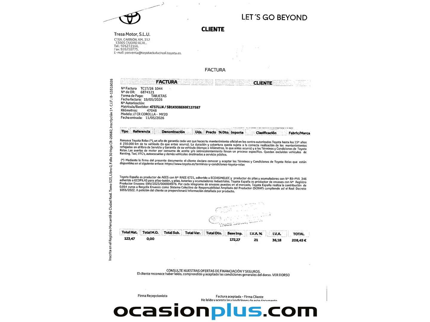 Foto del mantenimiento del Toyota Corolla Toyota Corolla 1.8 125 Híbrido Active Tech E-CVT (122 CV)