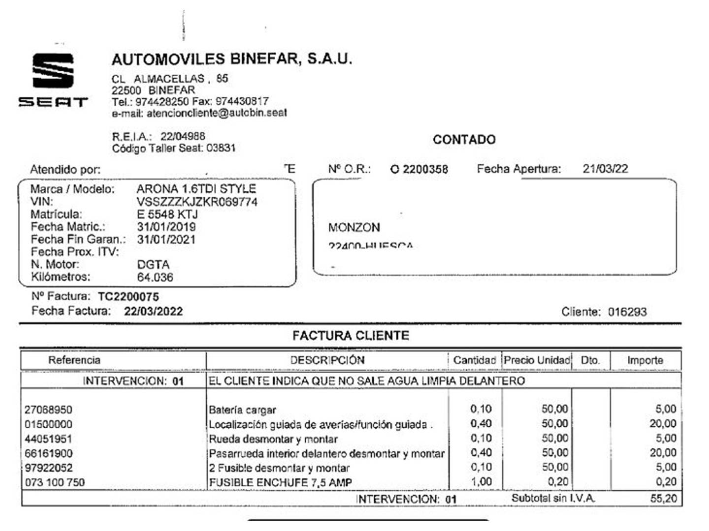 Foto del mantenimiento del Seat Arona Seat Arona 1.6 TDI S&S Style (115 CV)