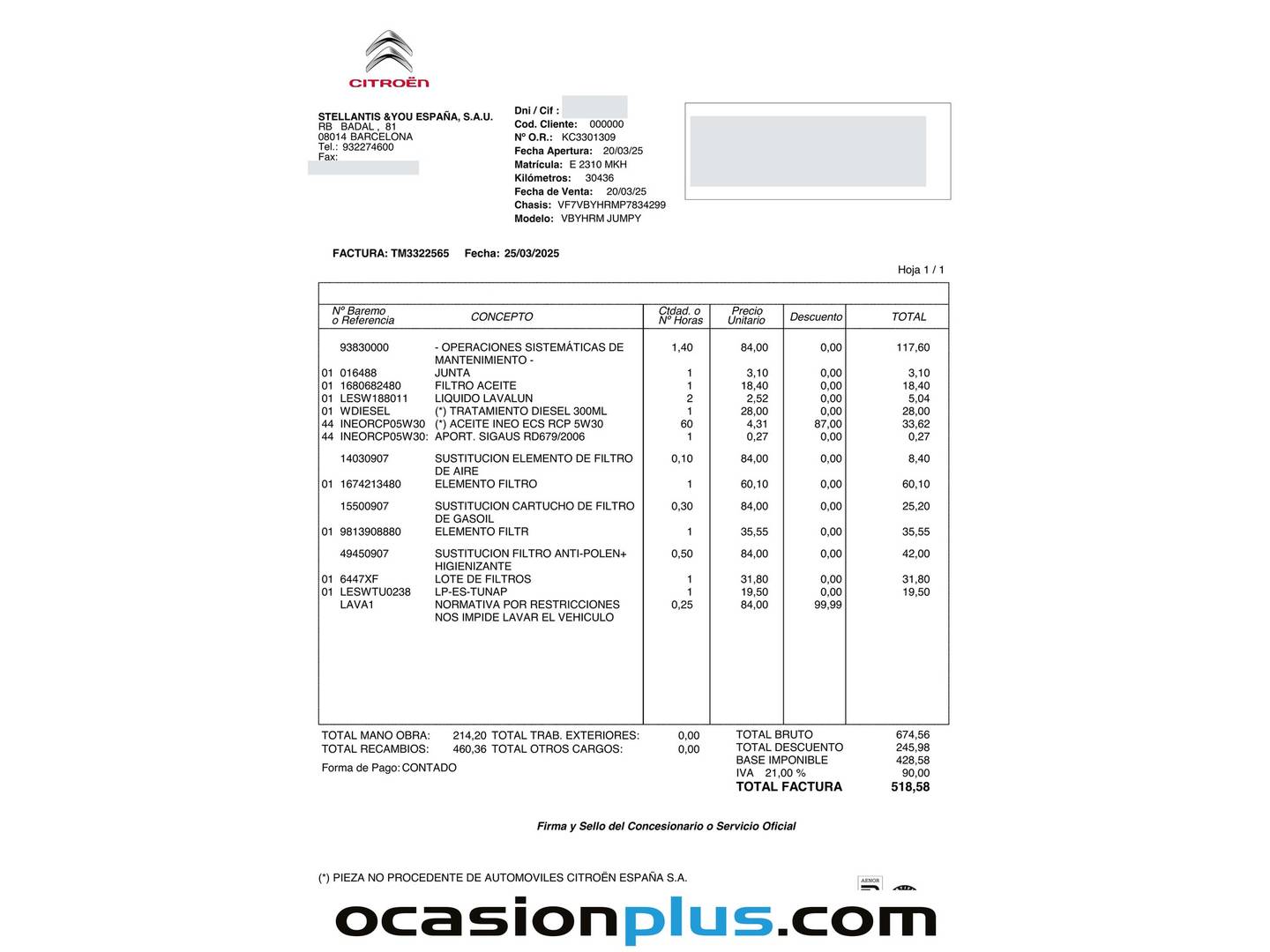 Foto del mantenimiento del Citroën Jumpy Citroën Jumpy Furgon BlueHDi 100 Talla M  (102 CV)