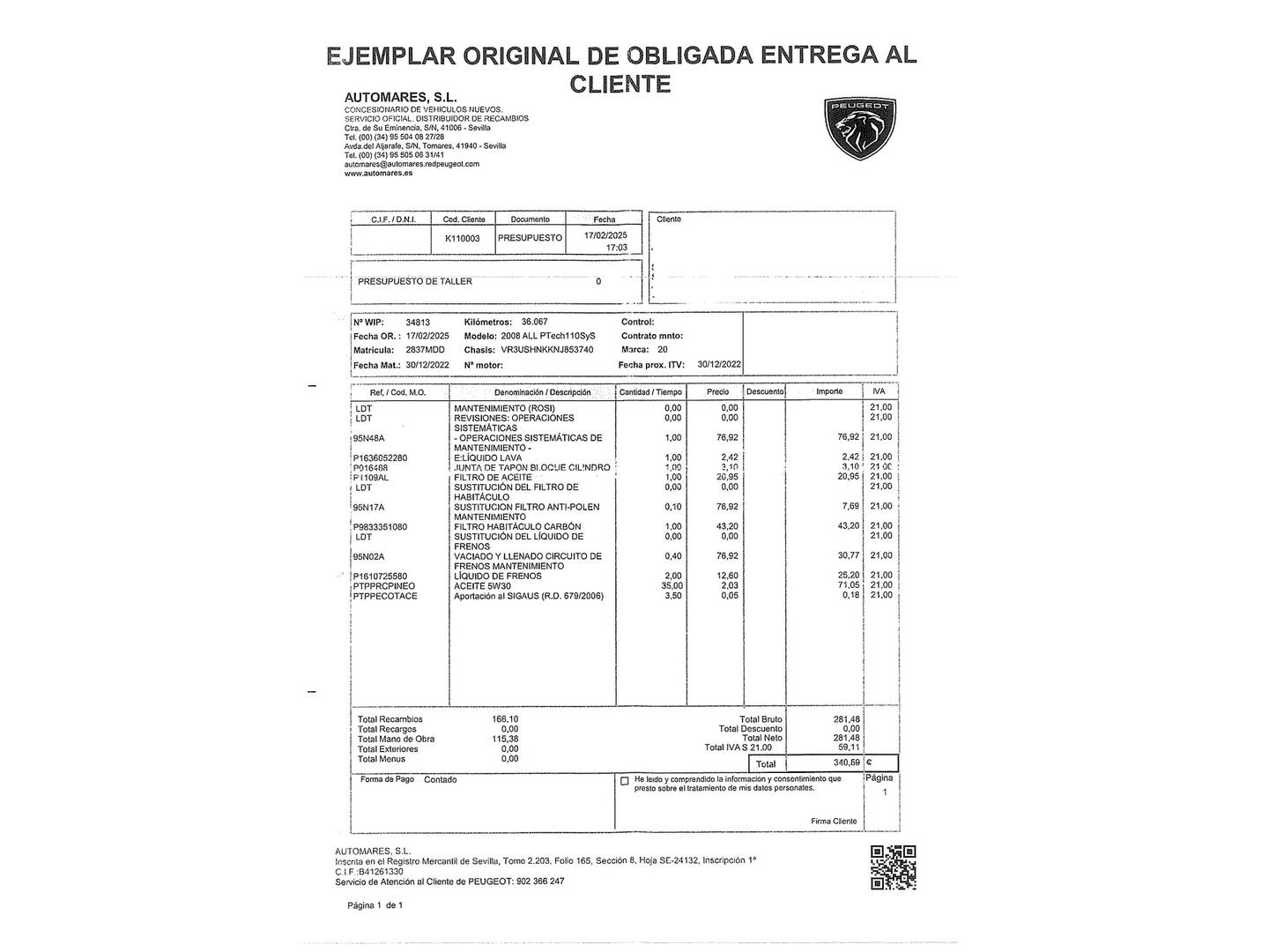 Foto del mantenimiento del Peugeot 2008 Peugeot 2008 PureTech 100 S&S Allure (100 CV)