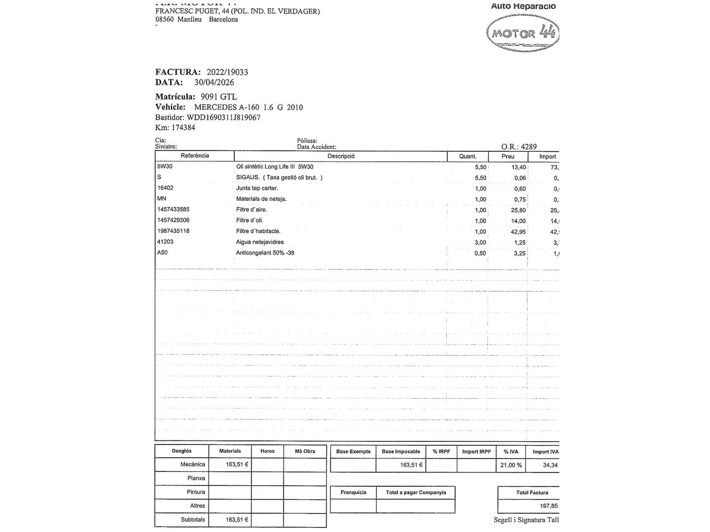 Foto del mantenimiento del Mercedes Clase A Mercedes Clase A 160 Blue Efficiency Exclusive Edition (95 CV)