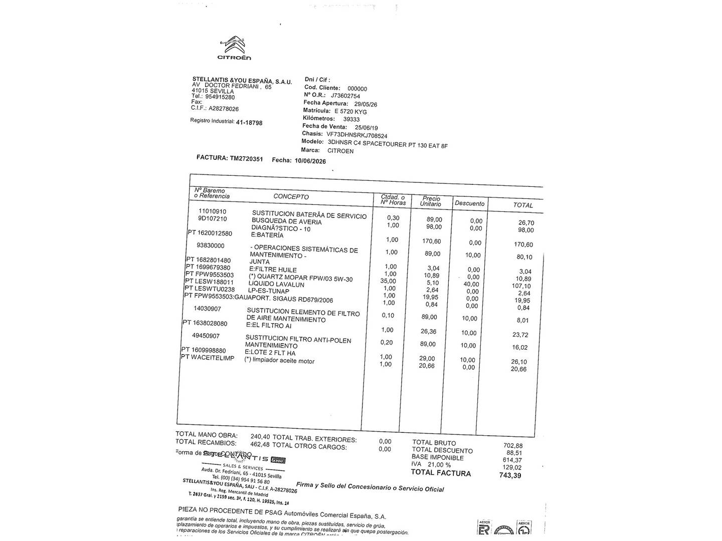 Foto del mantenimiento del Citroën C4 Spacetourer Citroën C4 Spacetourer 1.2 PureTech Feel EAT8 (130 CV)