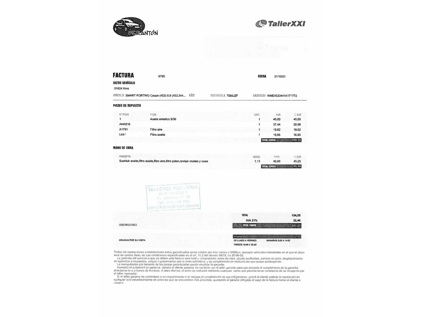 Foto del mantenimiento del Smart fortwo Smart ForTwo Coupe 66 Prime (90 CV)