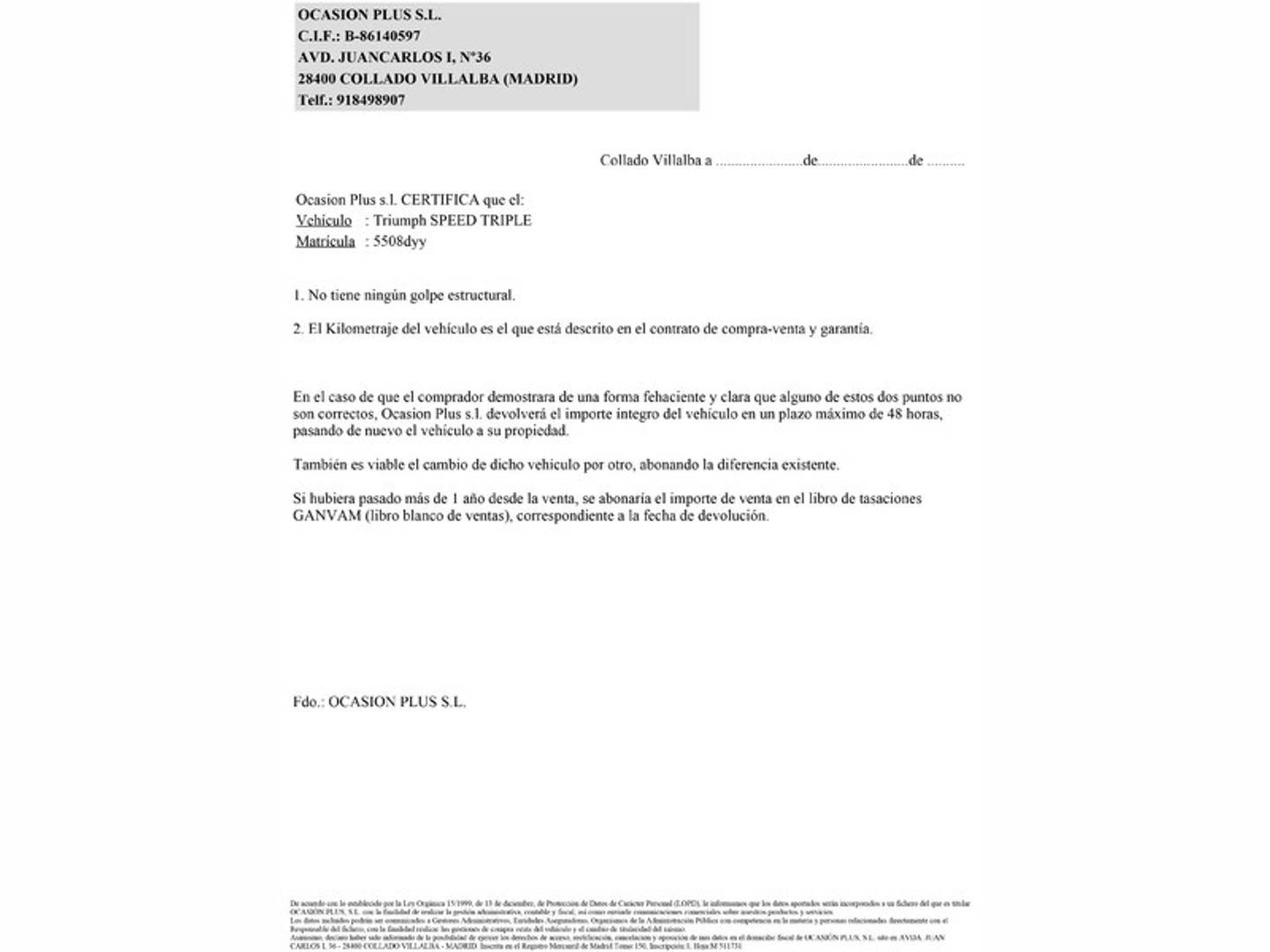 Foto del certificado del Triumph Speed Four Triumph Speed Four (98 CV)