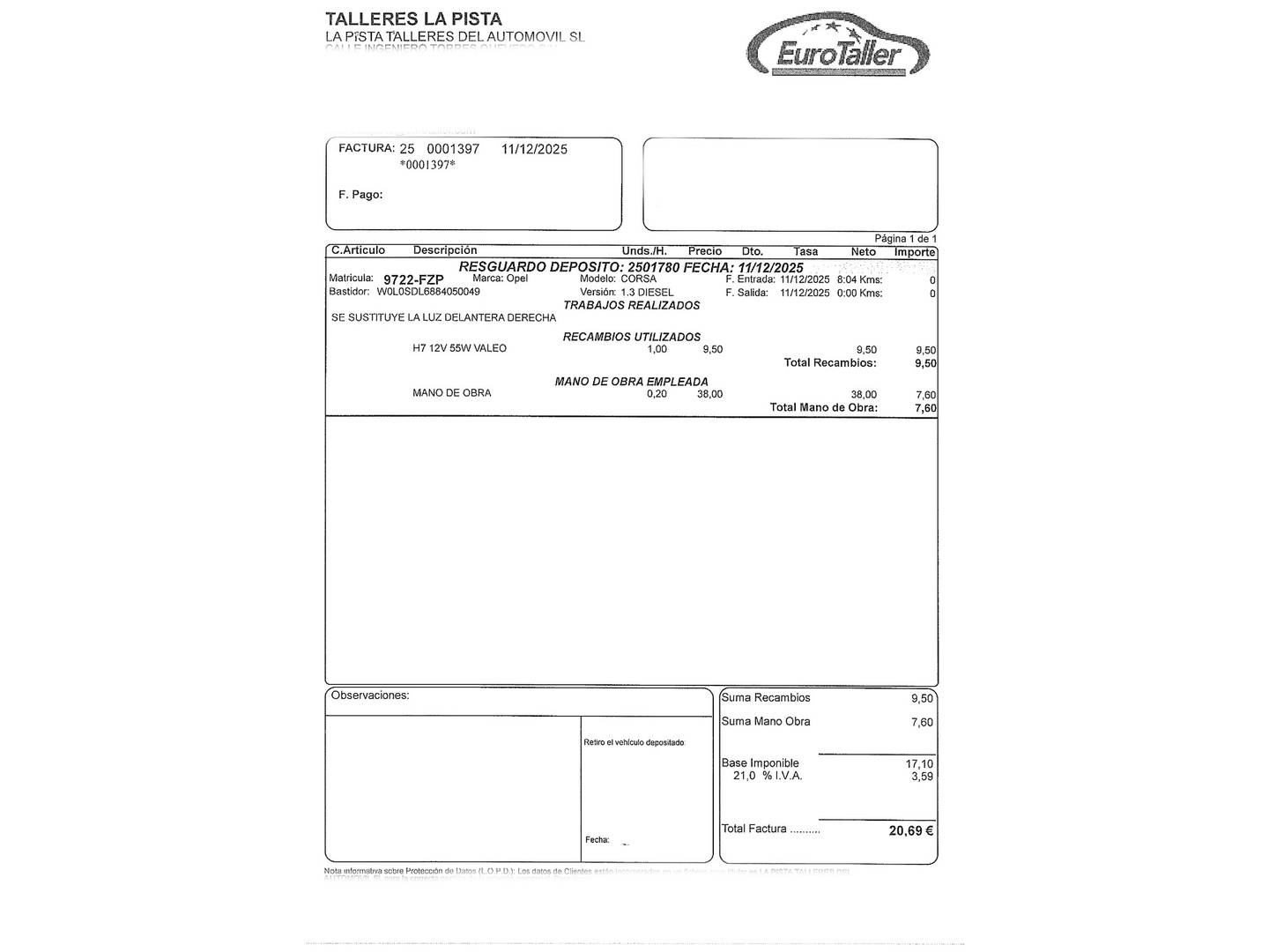 Foto del mantenimiento del Opel Corsa Opel Corsa 1.3 CDTI Enjoy (75 CV)