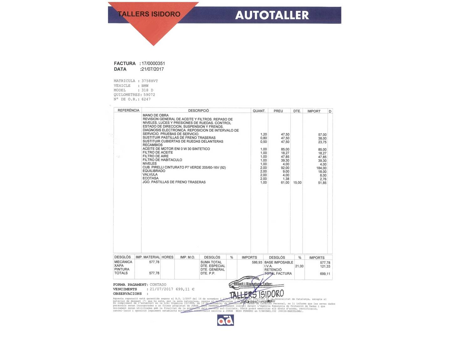 Foto del mantenimiento del BMW Serie 3 BMW Serie 3 318d (143 CV)