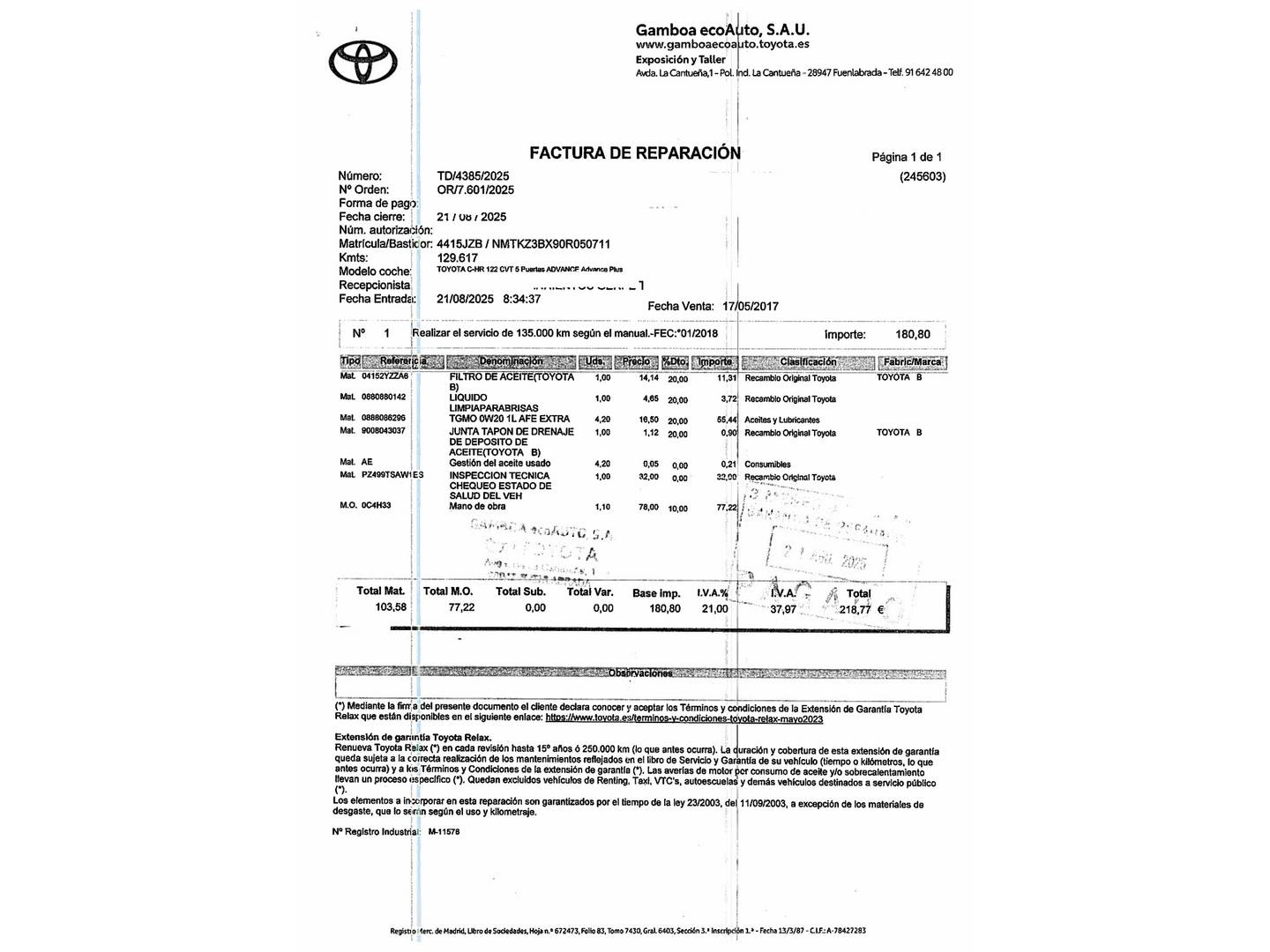 Foto del mantenimiento del Toyota C-HR Toyota C-HR 1.8 125H Dynamic Plus (122 CV)