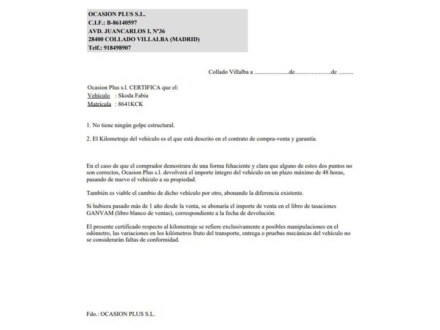 Foto del certificado del Skoda Fabia Skoda Fabia 1.4 TDI Ambition (90 CV)