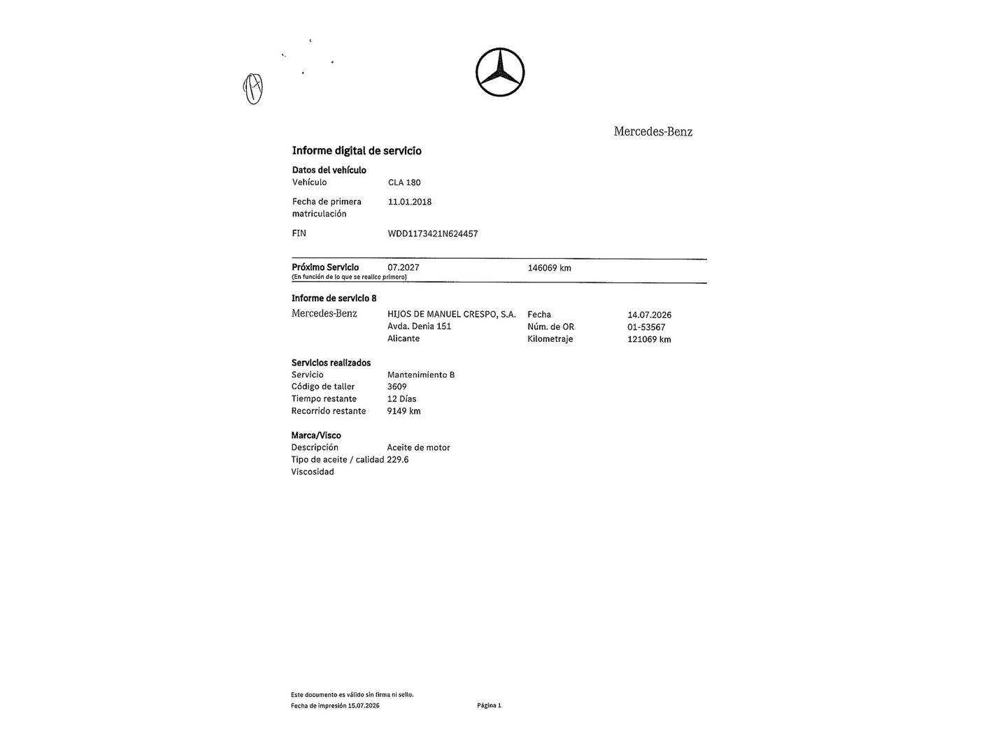 Foto del mantenimiento del Mercedes CLA Mercedes CLA 180 (122 CV)