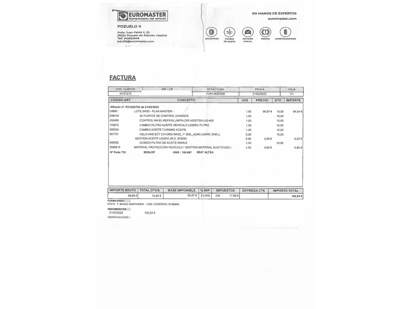 Foto del mantenimiento del Seat Altea Seat Altea 1.2 TSI S&S I-Tech (105 CV)