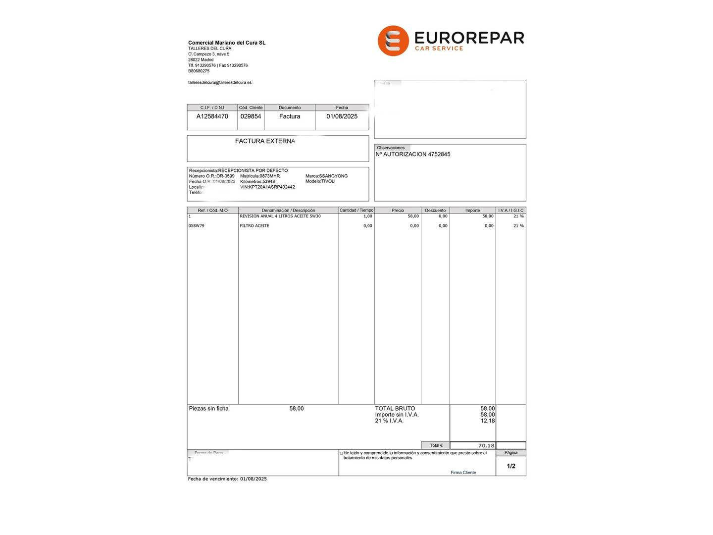 Foto del mantenimiento del SsangYong Tivoli Ssangyong Tivoli G12T Urban Plus  (128 CV)