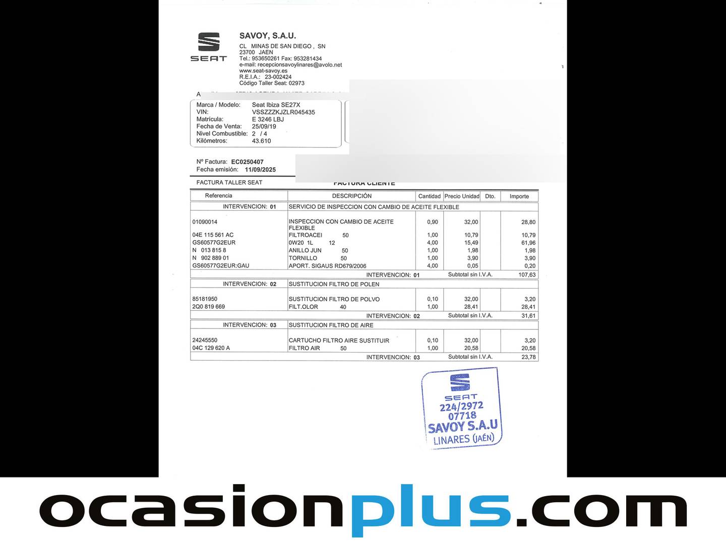 Foto del mantenimiento del Seat Ibiza Seat Ibiza 1.0 TSI FR Plus (115 CV)