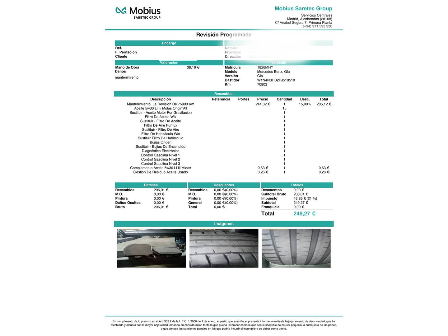 Foto del certificado del Mercedes GLA Mercedes GLA 200 (163 CV) Pack AMG