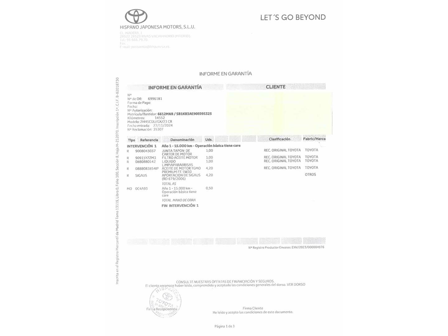 Foto del mantenimiento del Toyota Corolla Toyota Corolla 140H Style Edition (140 CV)