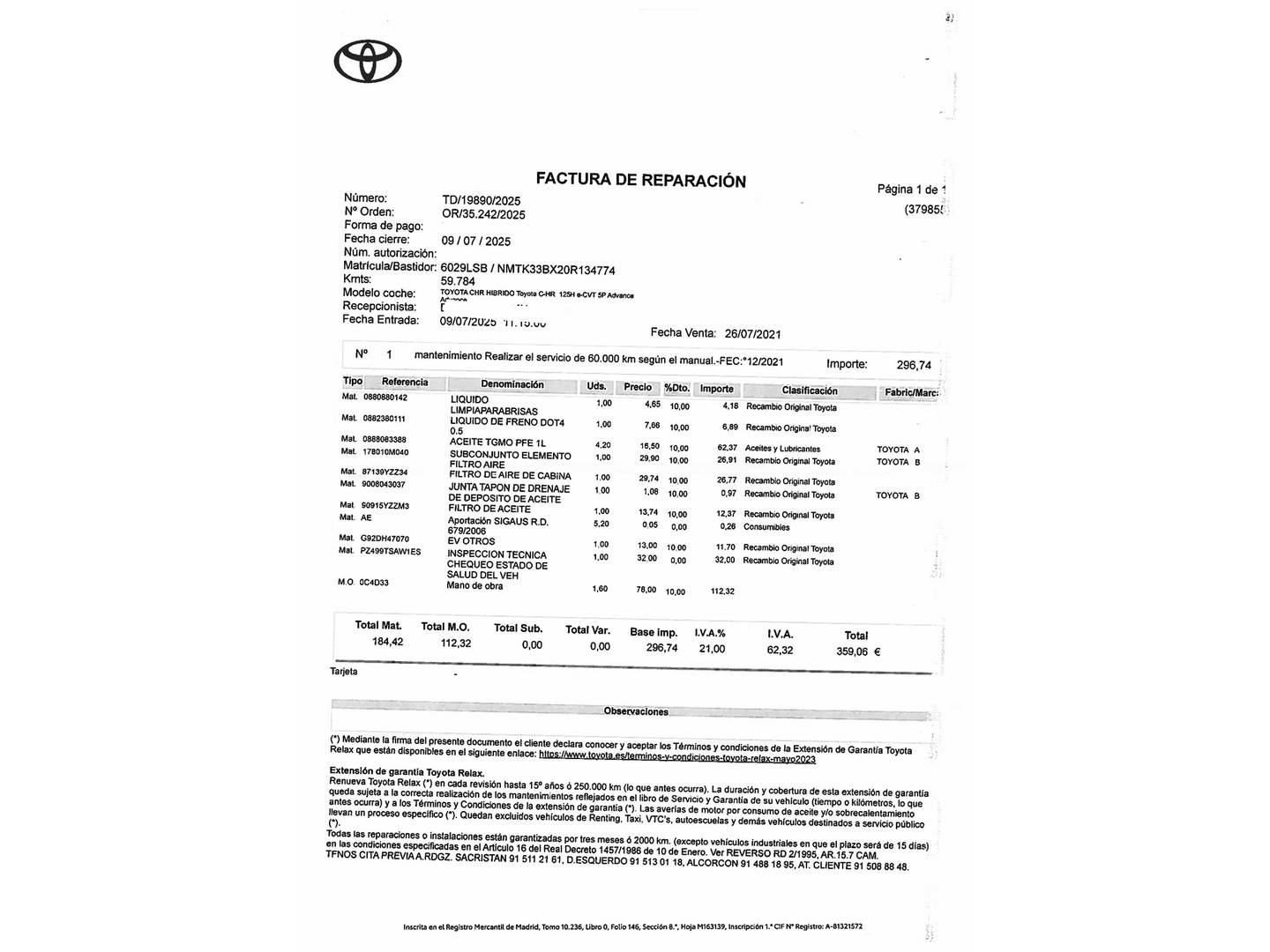 Foto del mantenimiento del Toyota C-HR Toyota C-HR 1.8 125H Advance (122 CV)