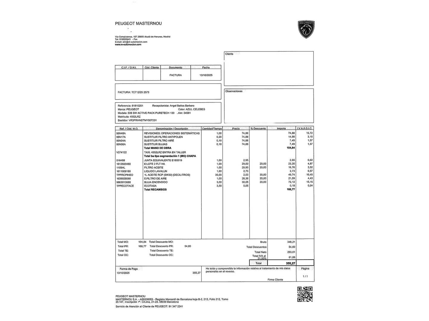 Foto del mantenimiento del Peugeot 508 Peugeot 508 SW PureTech 130 S&S Active Pack EAT8 (131 CV)