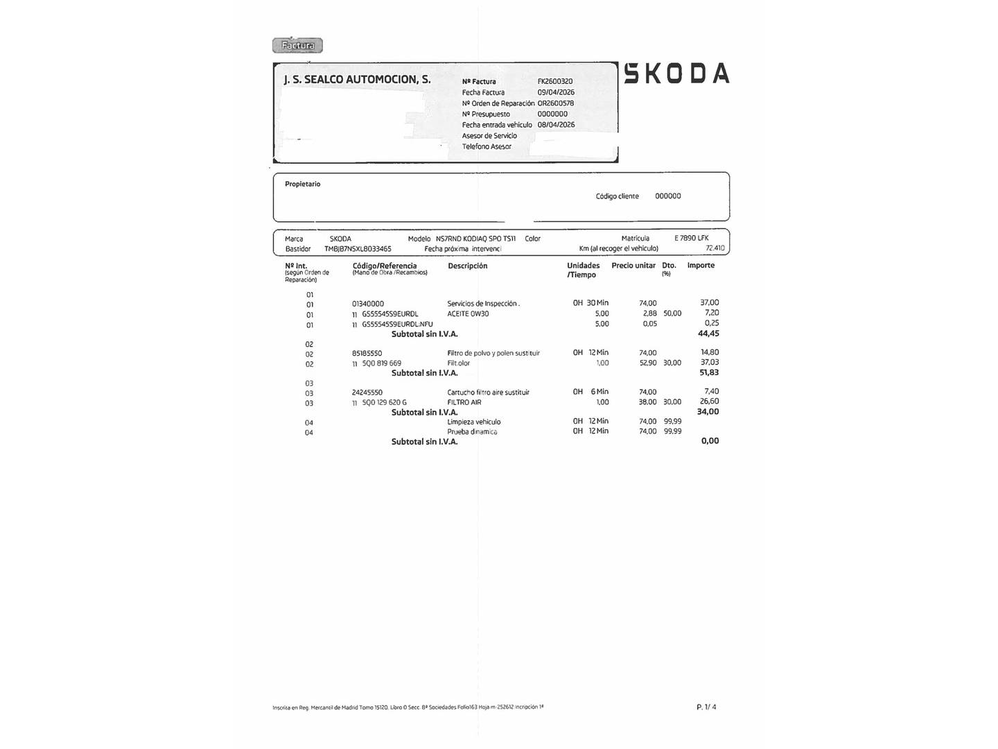 Foto del mantenimiento del Skoda Kodiaq Skoda Kodiaq 1.5 TSI Sportline 4x2 DSG (150 CV)
