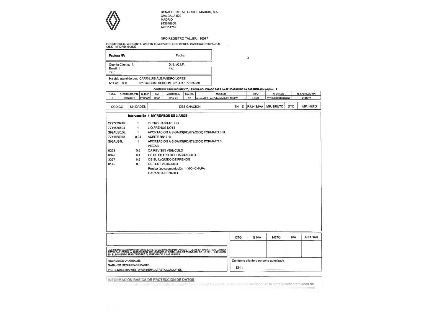 Foto del mantenimiento del Renault Arkana Renault Arkana RS Line E-Tech Híbrido (145 CV)