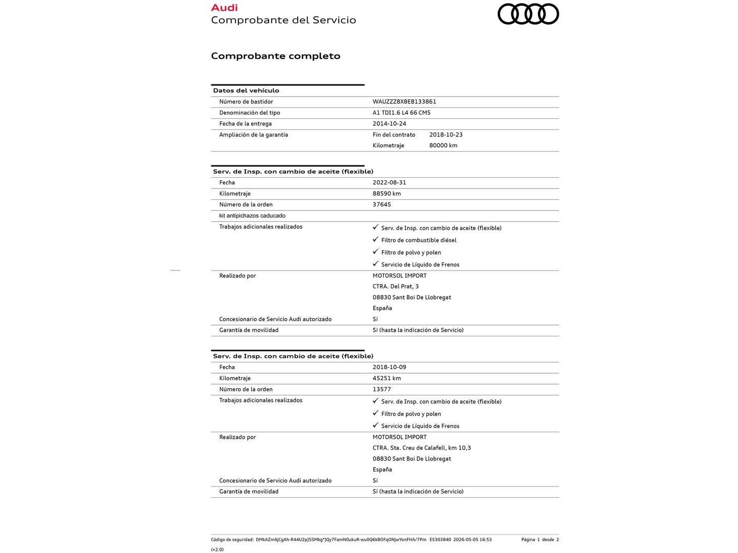 Foto del mantenimiento del Audi A1 Audi A1 Attracted 1.6 TDI (90 CV)