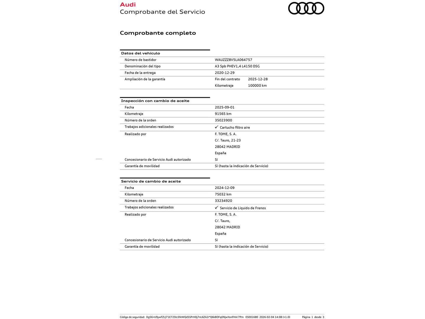 Foto del mantenimiento del Audi A3 Audi A3 Sportback S Line 40 e-tron (204 CV) S Tronic