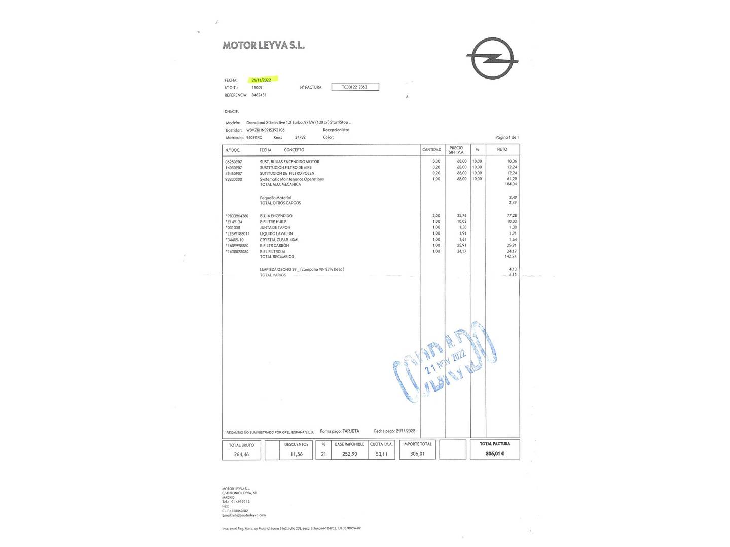 Foto del mantenimiento del Opel Grandland X Opel Grandland X 1.2 Turbo S&S Selective (130 CV)