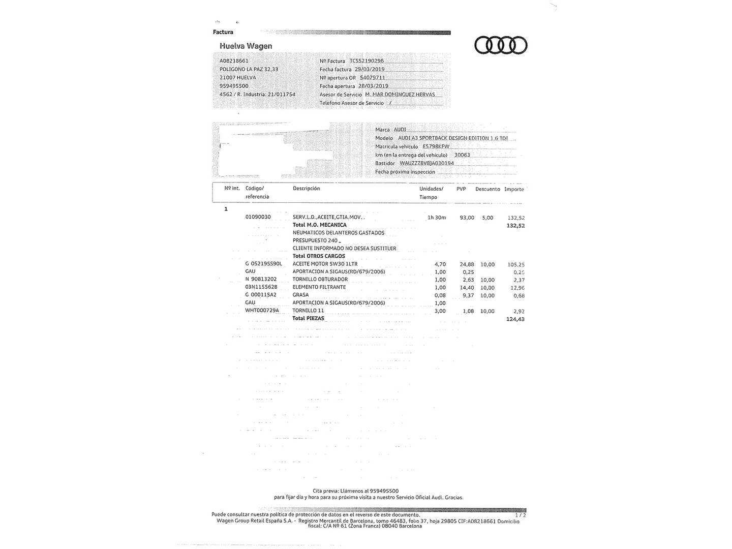 Foto del mantenimiento del Audi A3 Audi A3 Sportback design edition 1.6 TDI (116 CV)