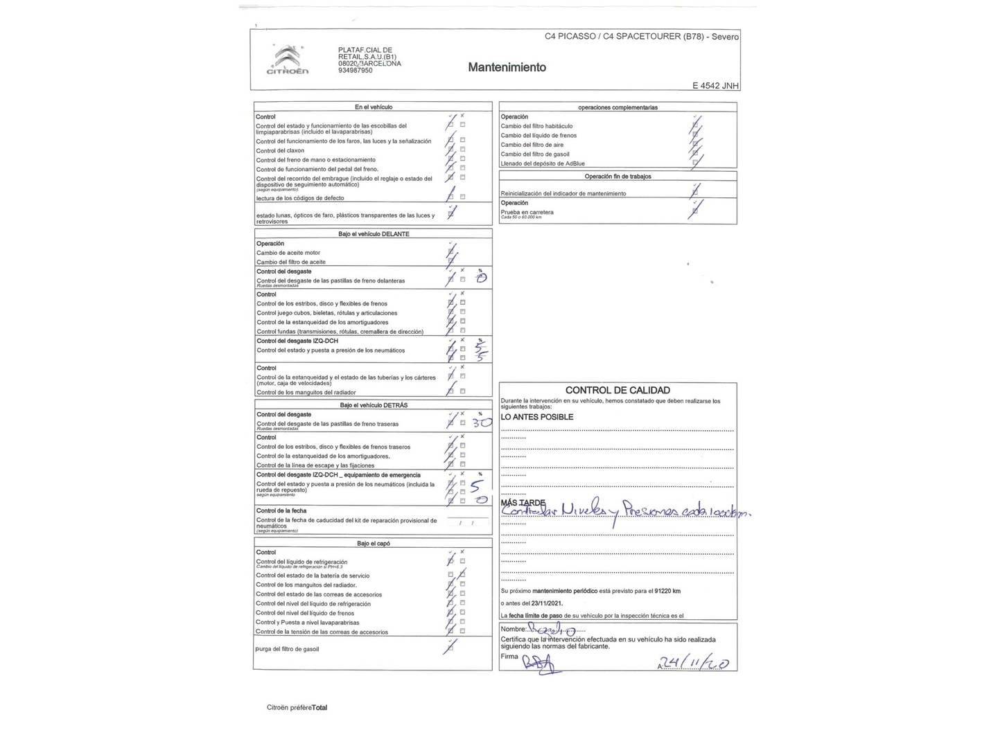 Foto del mantenimiento del Citroën C4 Picasso Citroën C4 Picasso BlueHDi 120 Feel (120 CV)