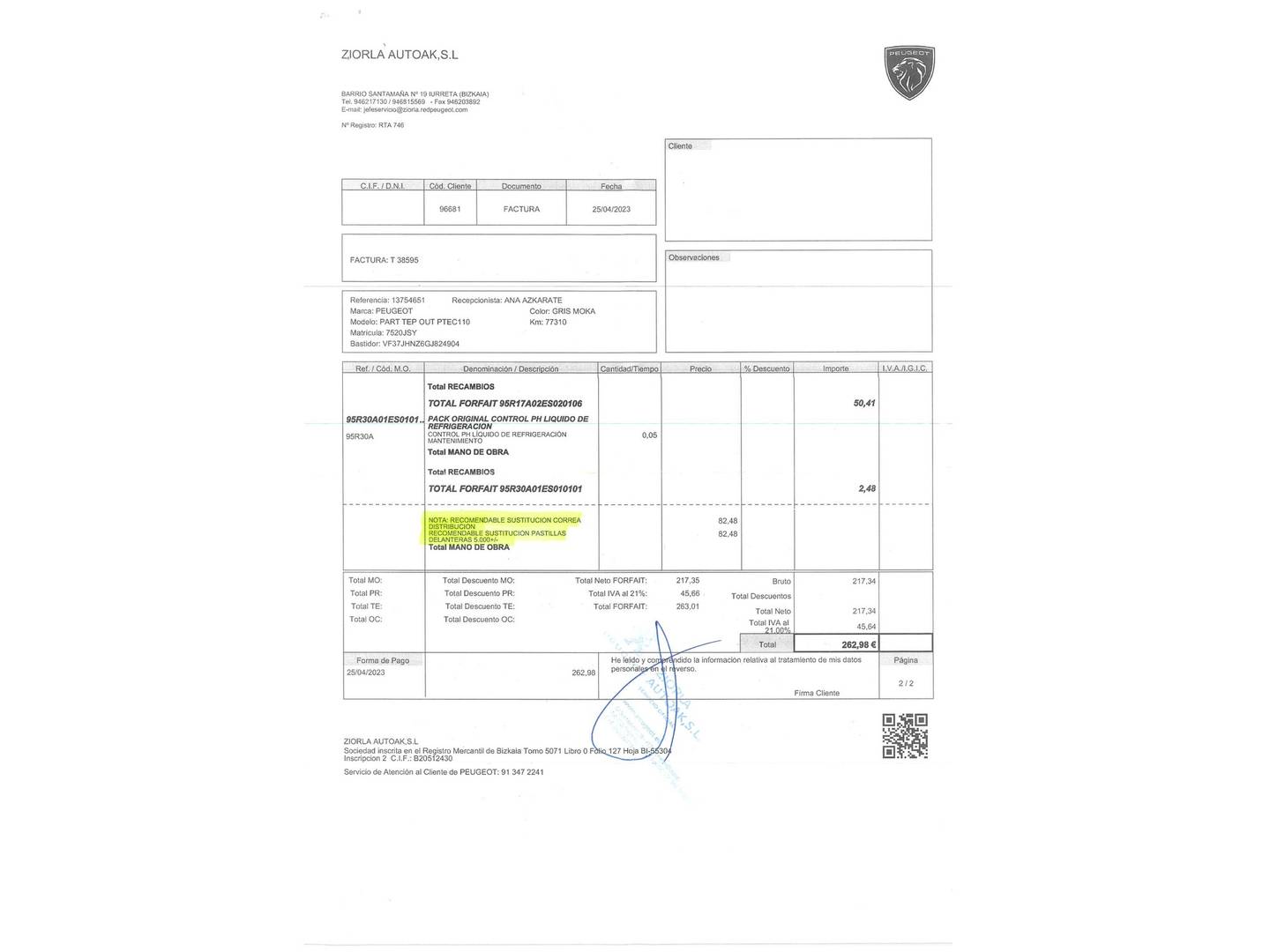 Foto del mantenimiento del Peugeot Partner Peugeot Partner Tepee Combi 1.2 PureTech Outdoor (110 CV)