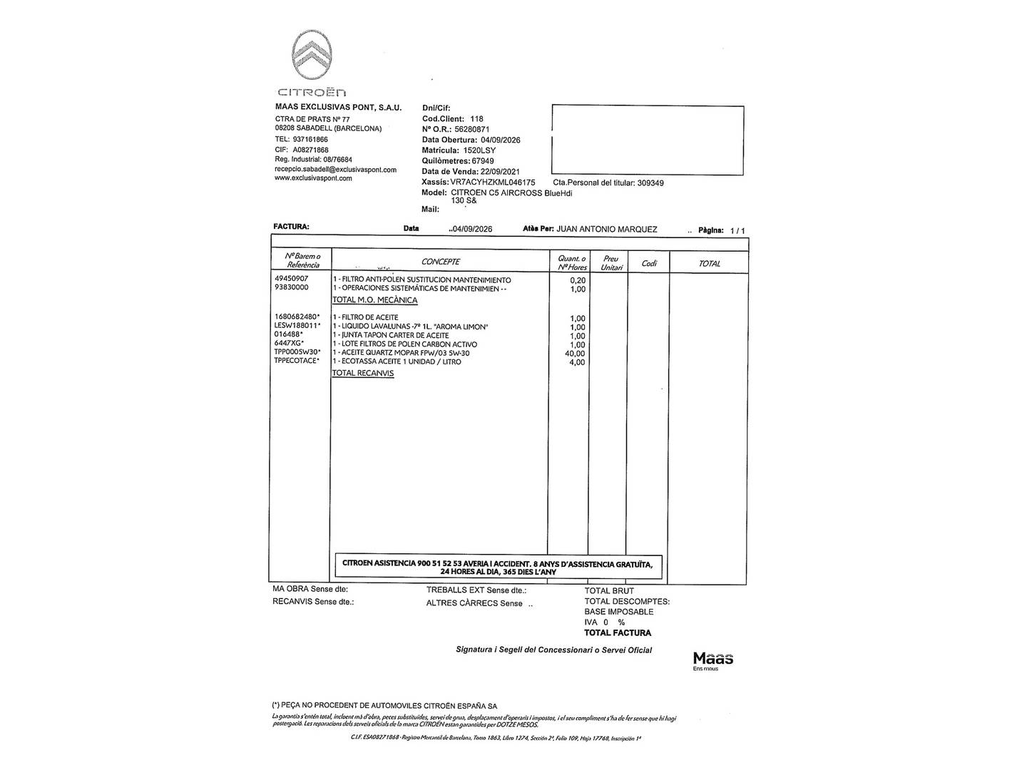 Foto del mantenimiento del Citroën C5 Aircross Citroën C5 Aircross BlueHdi 130 S&S Shine (131 CV)