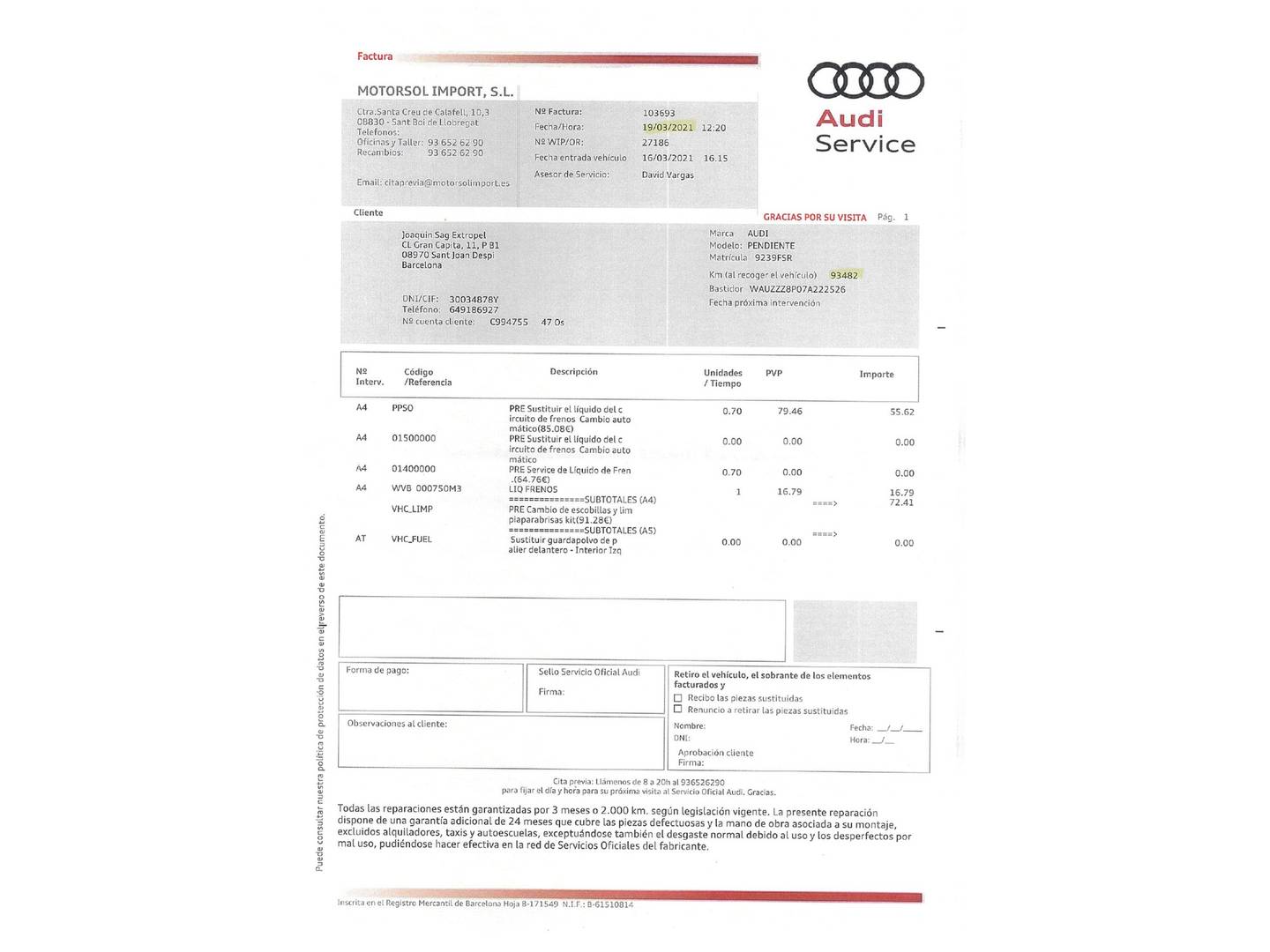 Foto del mantenimiento del Audi A3 Audi A3 Sportback Ambiente 2.0 TDI (140 CV) S tronic
