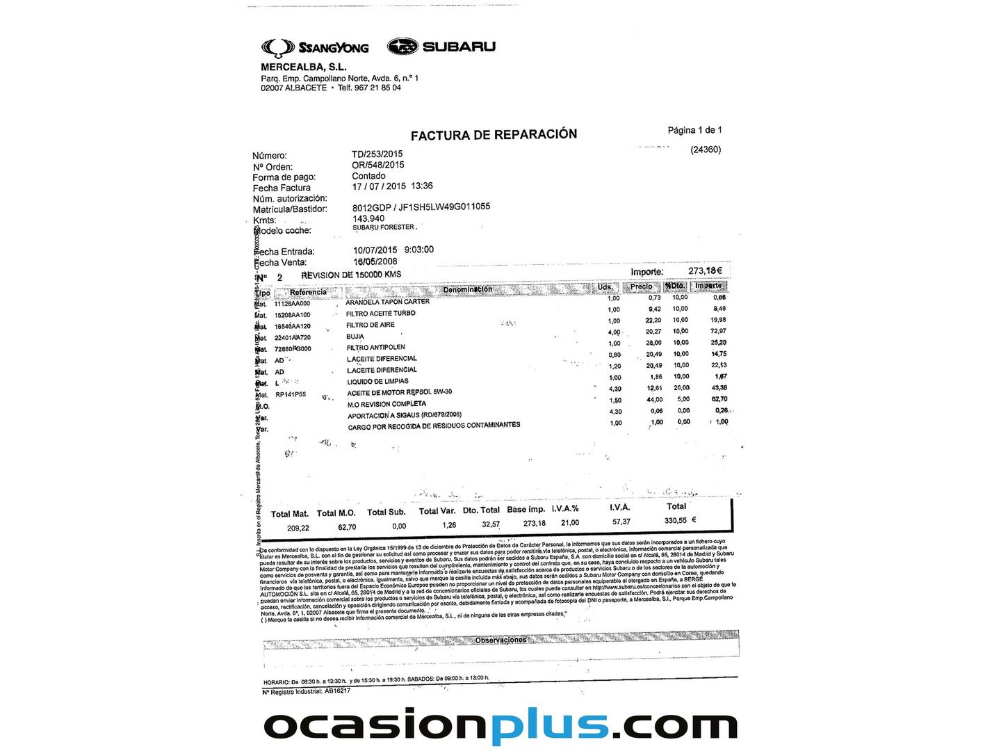 Foto del mantenimiento del Subaru Forester Subaru Forester XS Limited (150 CV) GLP