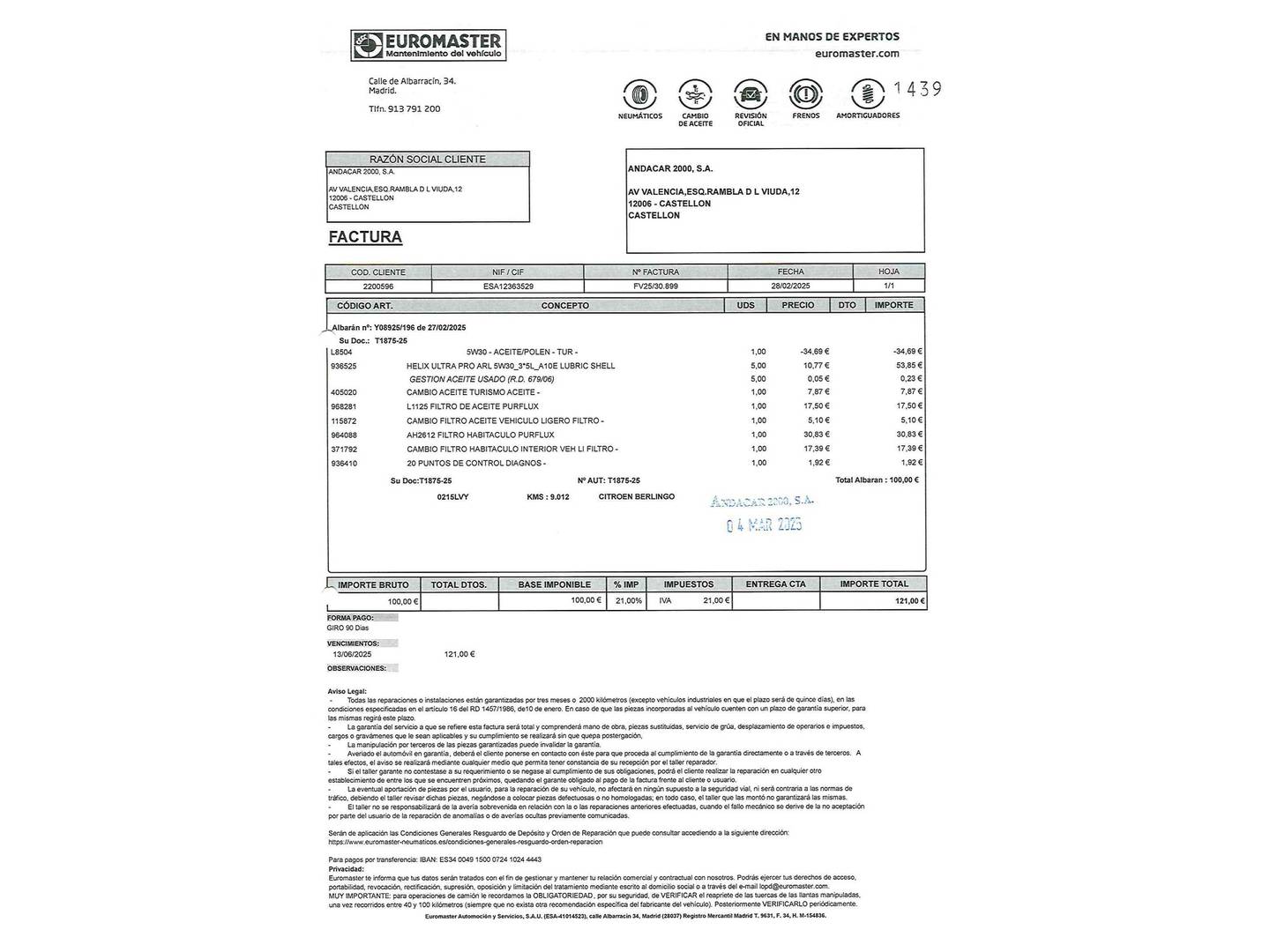 Foto del mantenimiento del Citroën Berlingo Citroen Berlingo Furgon BlueHDi 100 Talla M Club (102 CV)