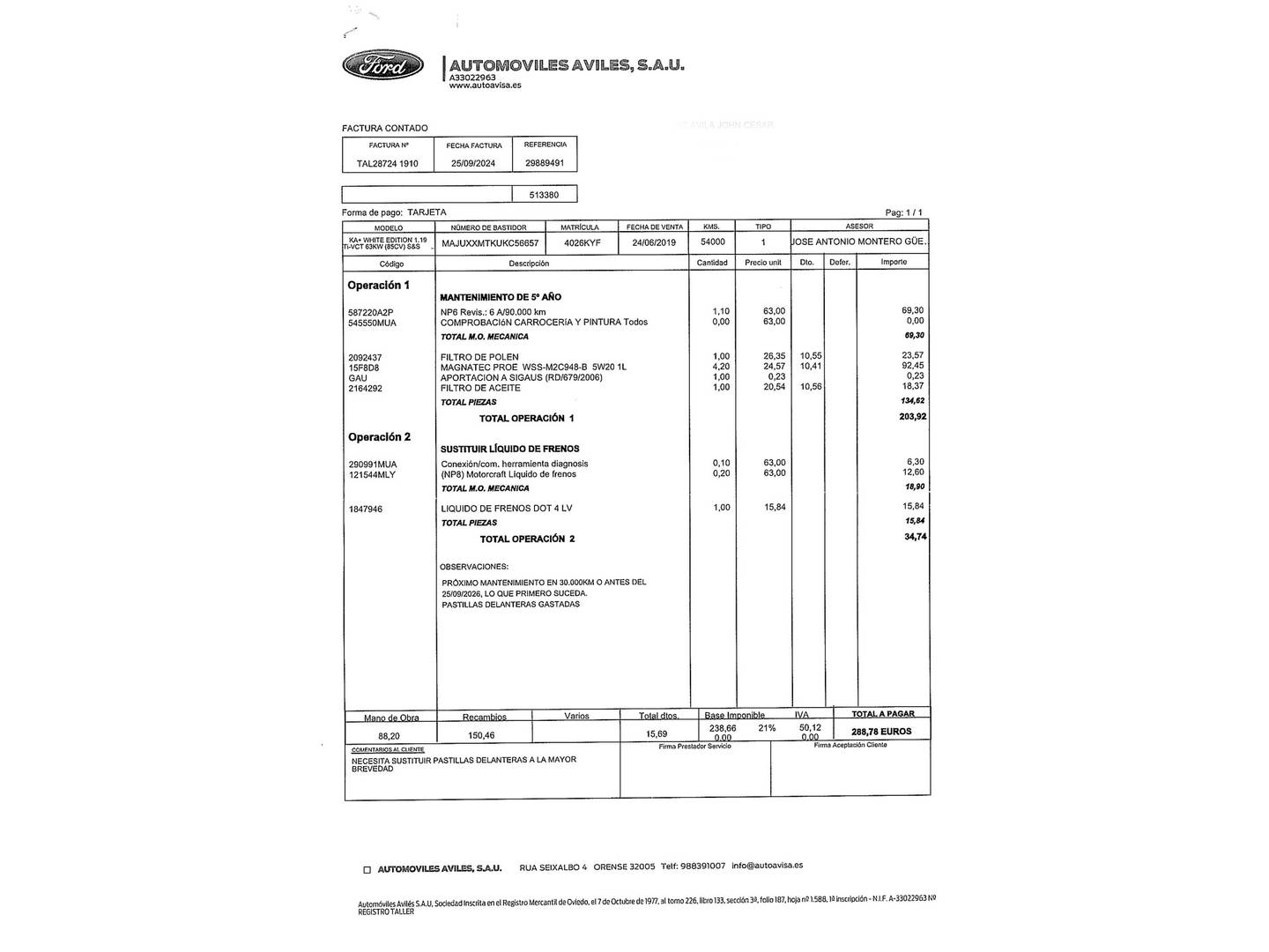 Foto del mantenimiento del Ford Ka+ Ford Ka+ 1.2 Ti-VCT White Edition 85 CV)