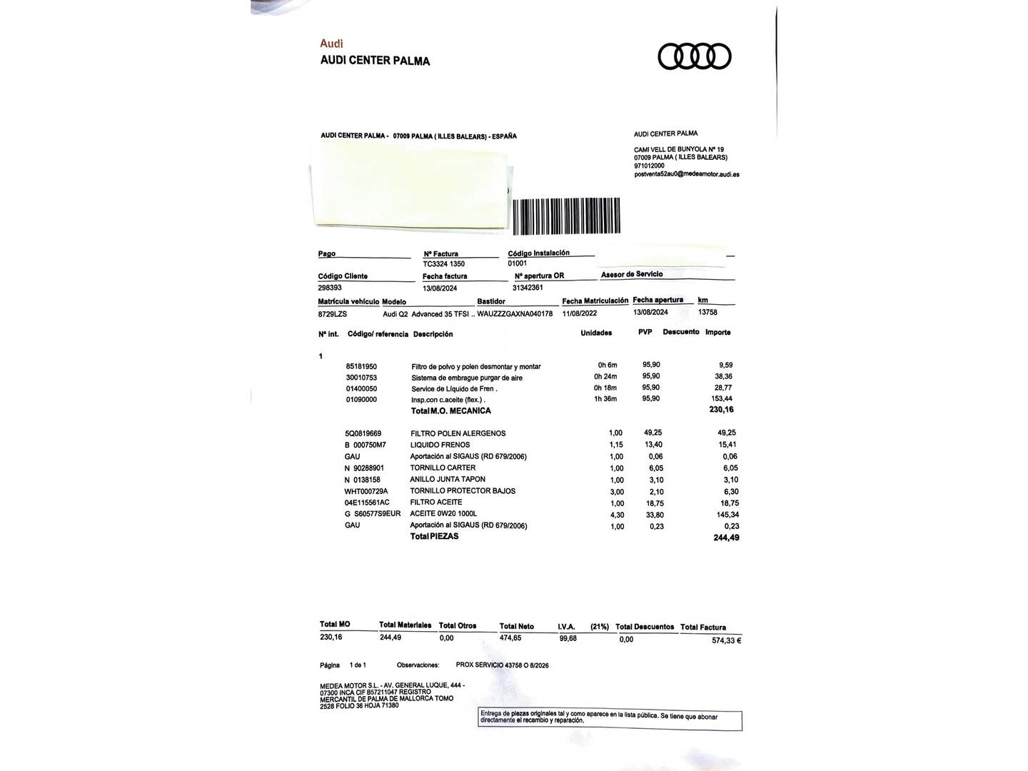 Foto del mantenimiento del Audi Q2 Audi Q2 Advanced 35 TFSI (150 CV)