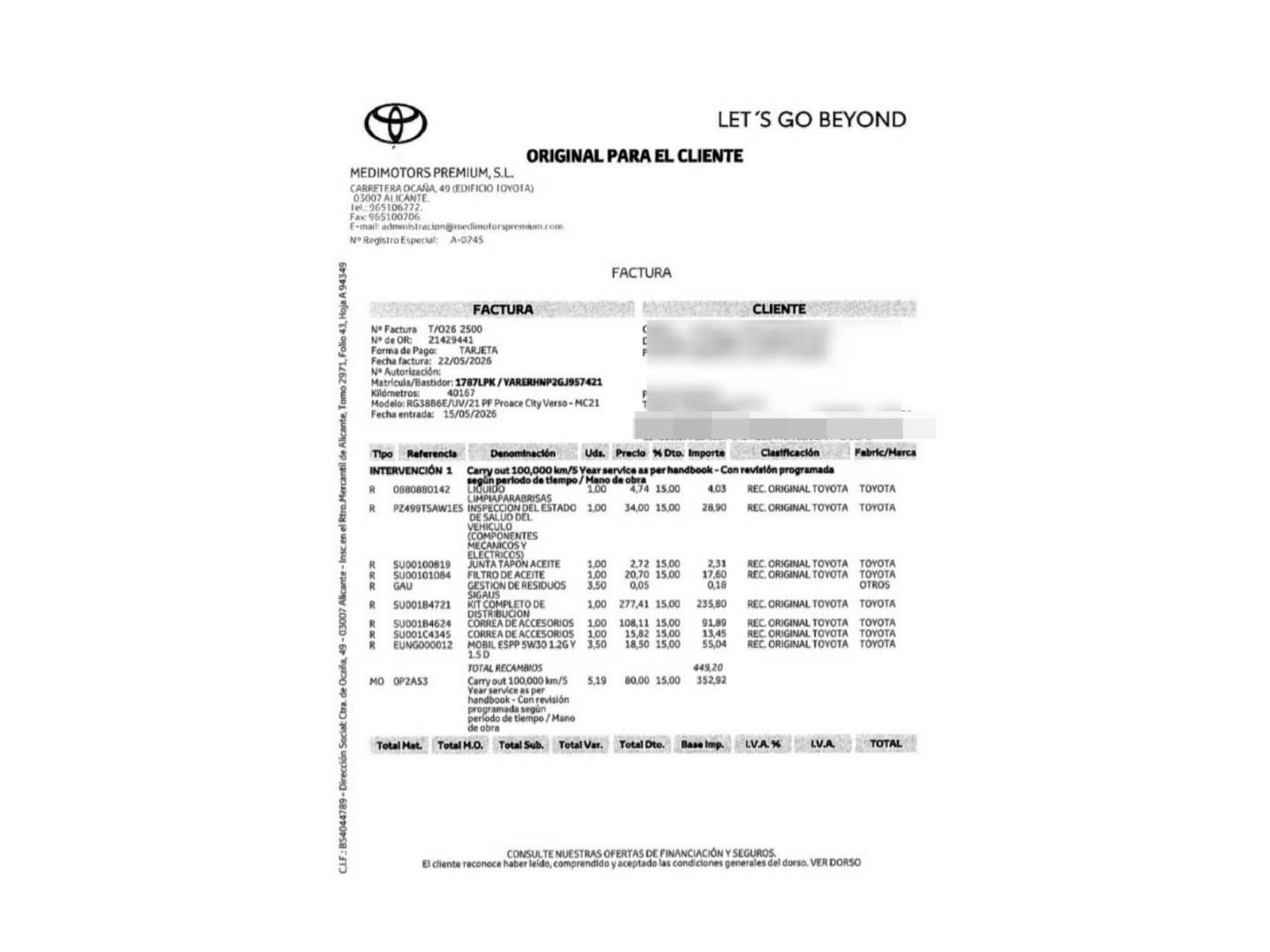 Foto del mantenimiento del Toyota Proace City Verso Toyota Proace City Verso 1.2 Family Active L1 5 Plazas (110 CV)