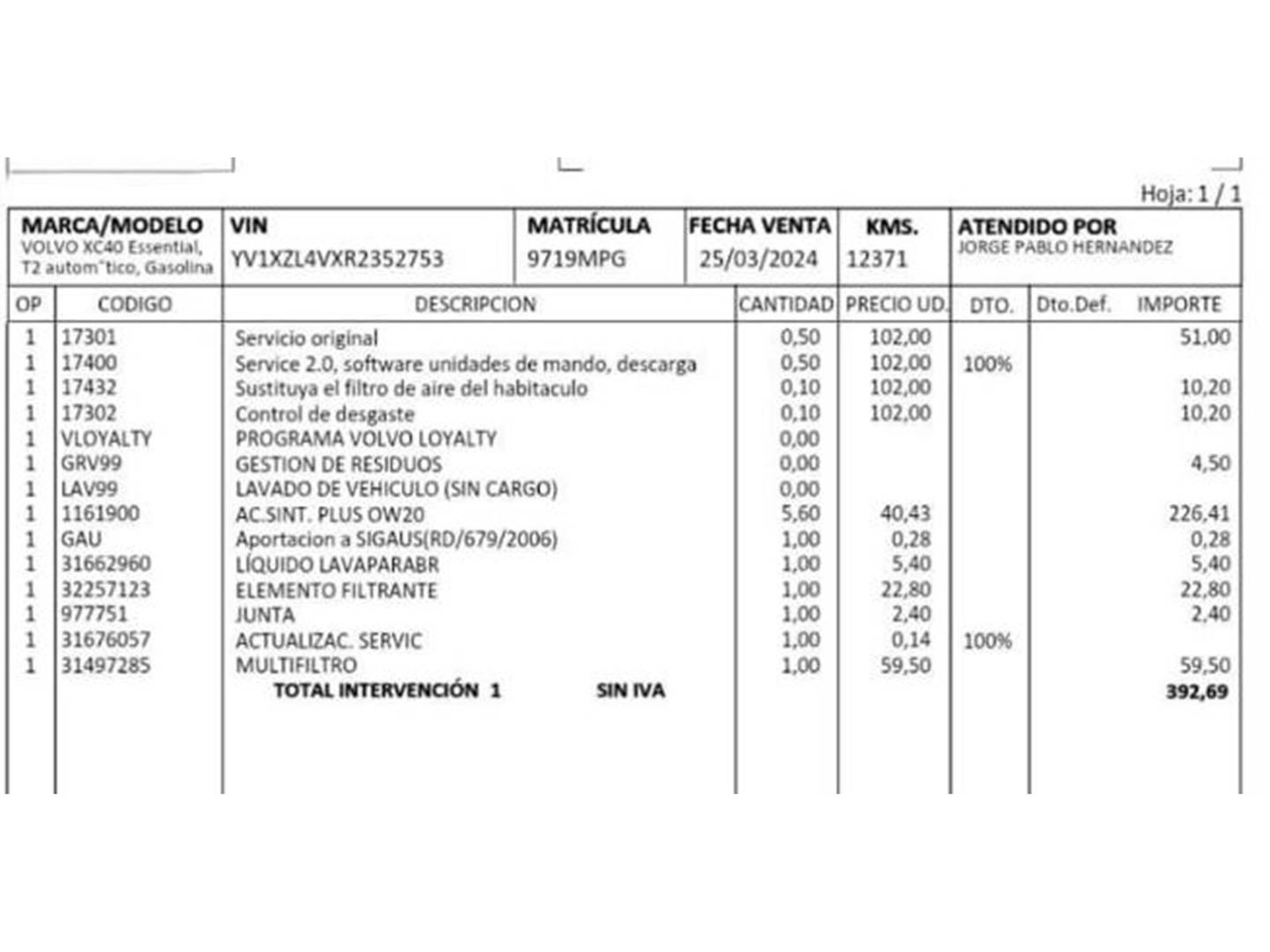 Foto del mantenimiento del Volvo XC40 Volvo XC40 T2 Essential Auto (129 CV)