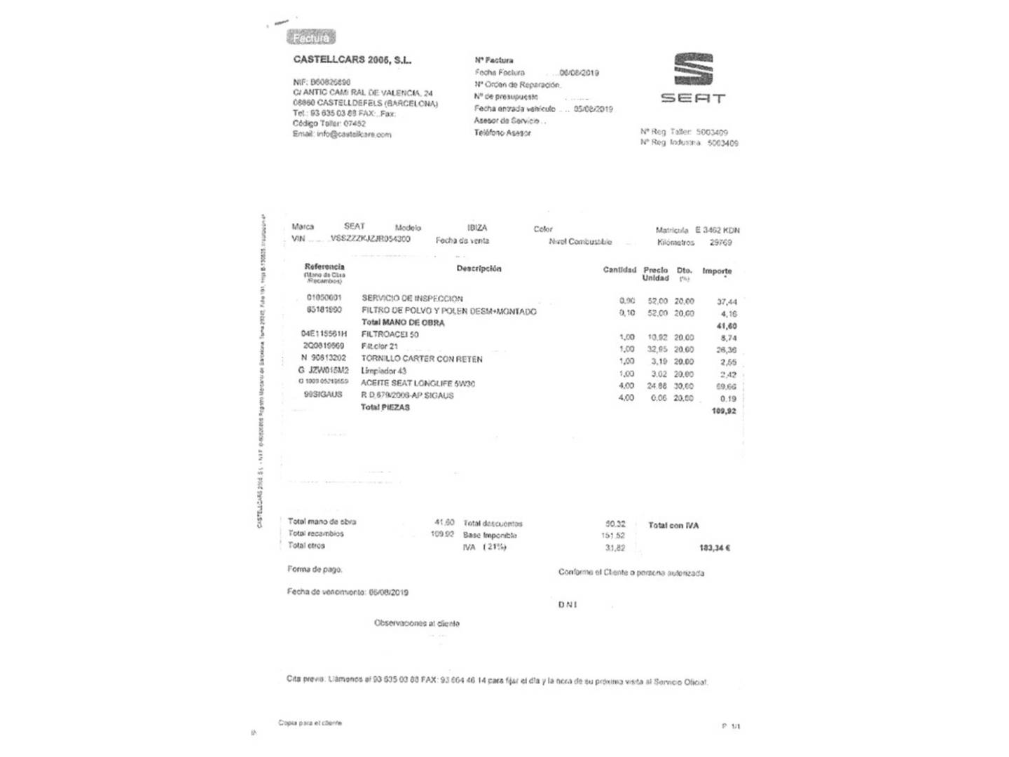 Foto del mantenimiento del Seat Ibiza Seat Ibiza 1.0 EcoTSI FR (115 CV)