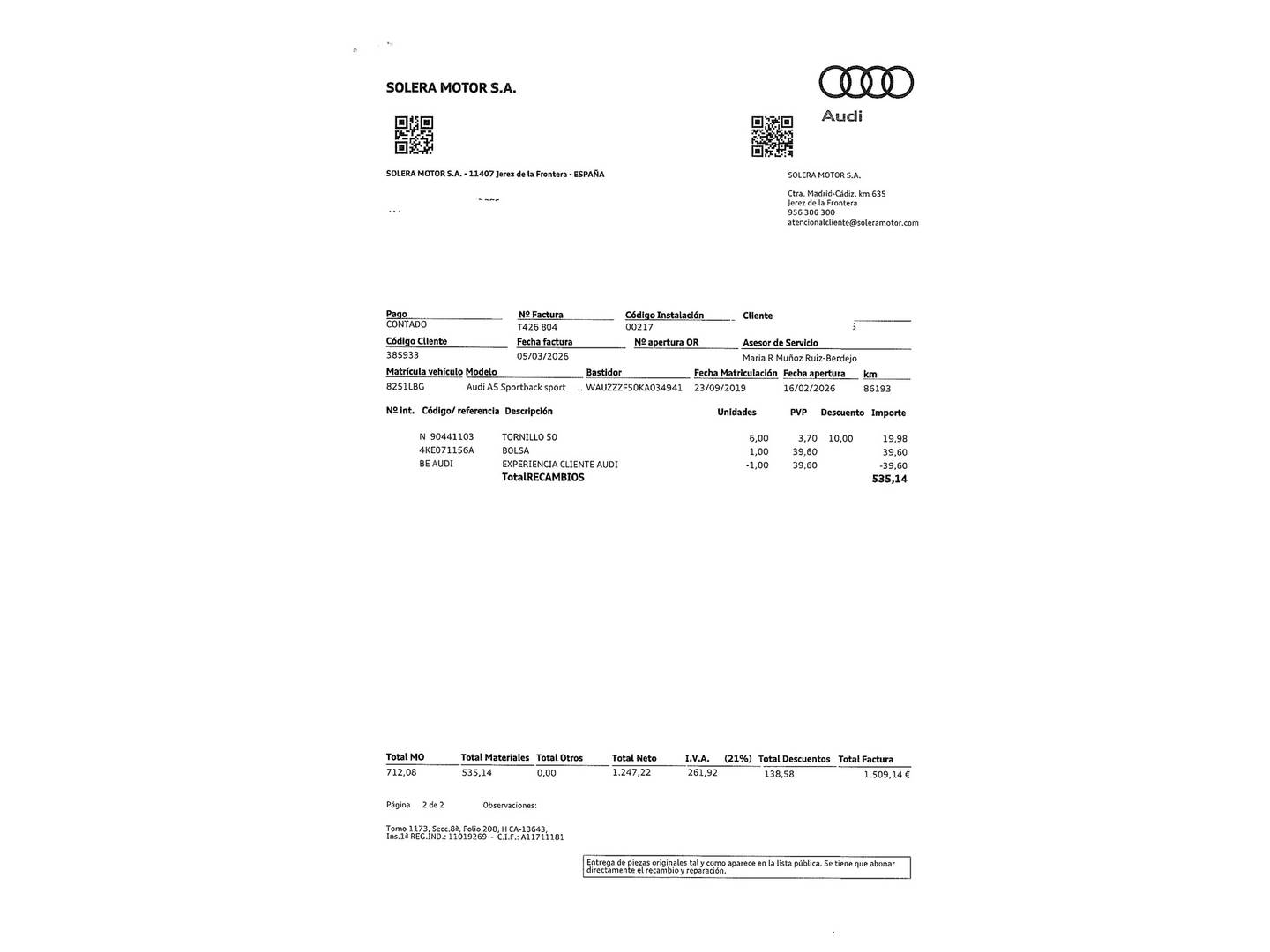 Foto del mantenimiento del Audi A5 Audi A5 Sportback Sport 40 TDI (190 CV) S tronic Pack S-Line
