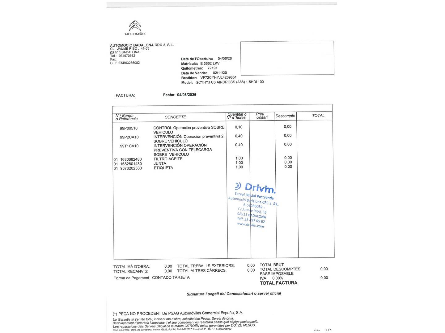 Foto del mantenimiento del Citroën C3 Aircross Citroën C3 Aircross BlueHDi 100 S&S Feel (102 CV)