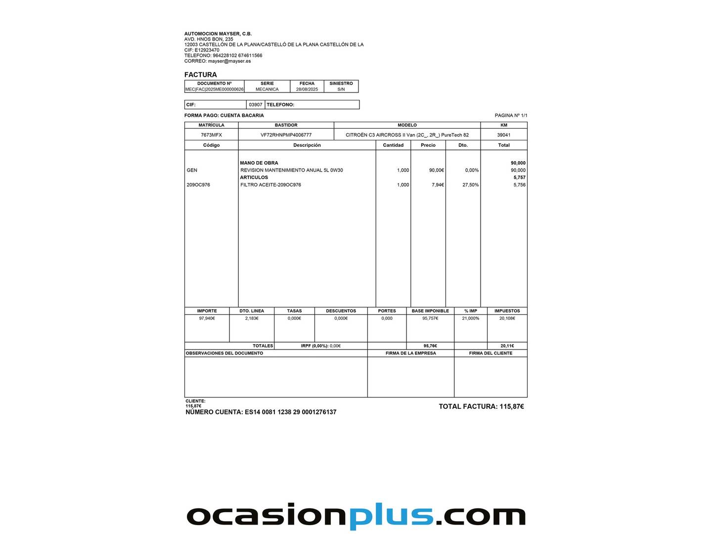 Foto del mantenimiento del Citroën C3 Aircross Citroen C3 Aircross PureTech 110 S&S Shine (110 CV)