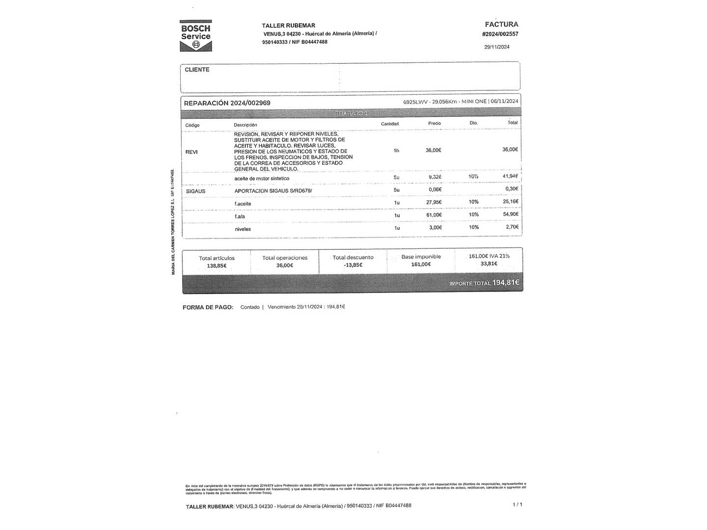 Foto del mantenimiento del Mini MINI MINI MINI 3 Puertas John Cooper Works (231 CV)
