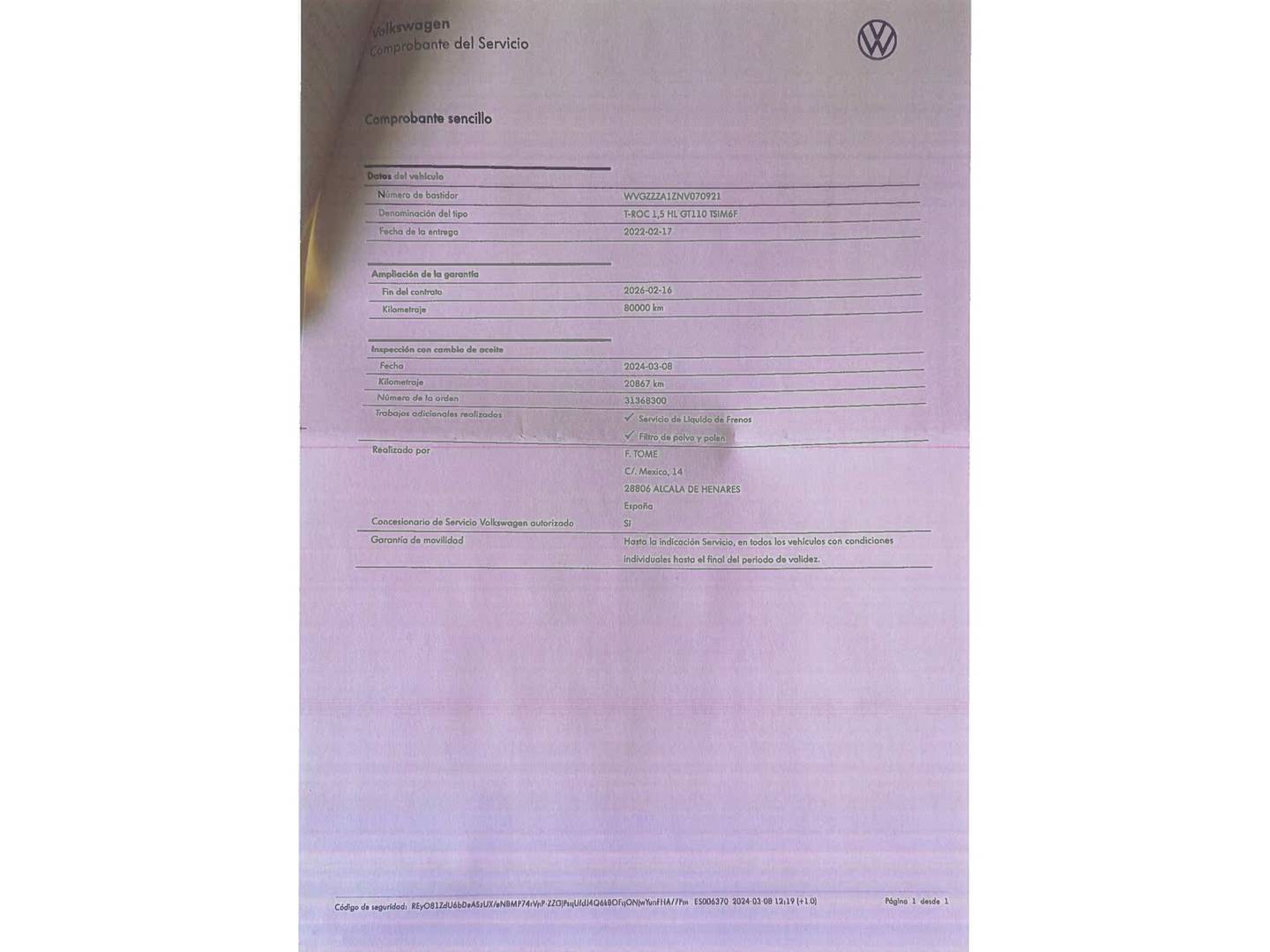 Foto del mantenimiento del Volkswagen T-Roc Volkswagen T-Roc Sport 1.5 TSI (150 CV)