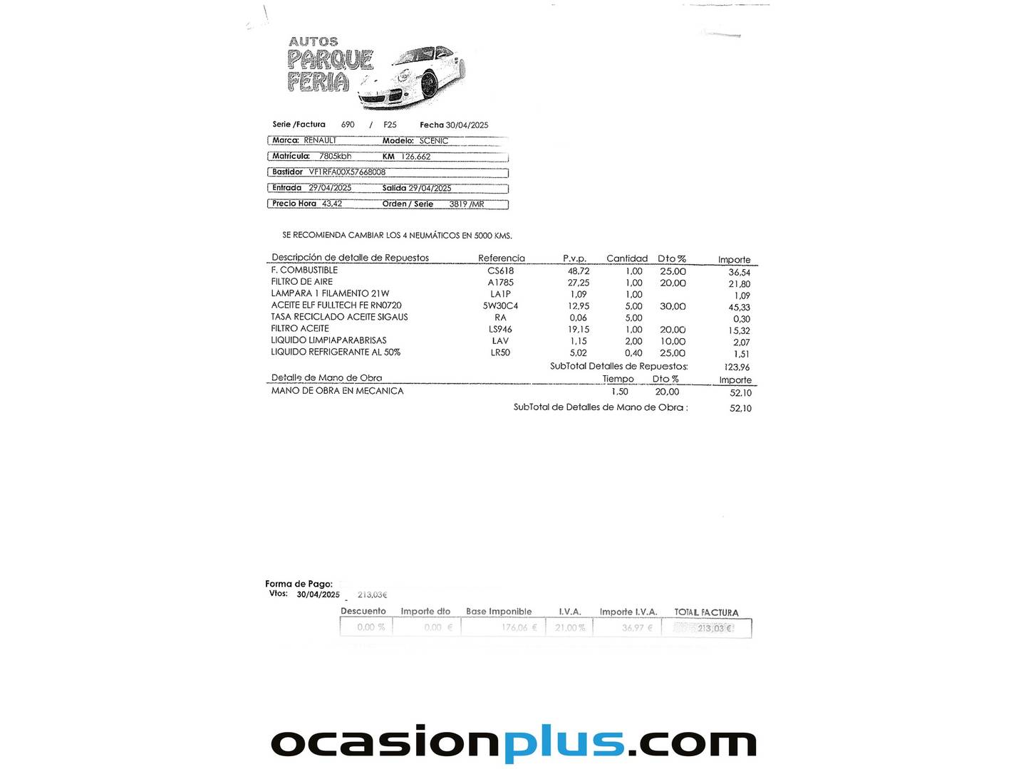 Foto del mantenimiento del Renault Scénic Renault Scenic dCi 110 Intens Energy (110 CV)