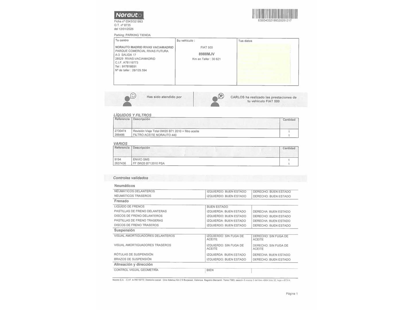 Foto del mantenimiento del Fiat 500 Fiat 500 1.0 Hybrid Monotrim (70 CV)