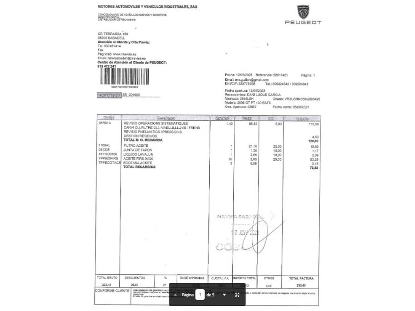 Foto del mantenimiento del Peugeot 2008 Peugeot 2008 PureTech 130 S&S GT EAT8 (130 CV)