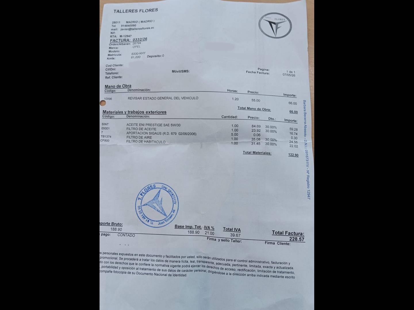 Foto del mantenimiento del Opel Grandland X Opel Grandland X 1.6 CDTi Excellence (120 CV)
