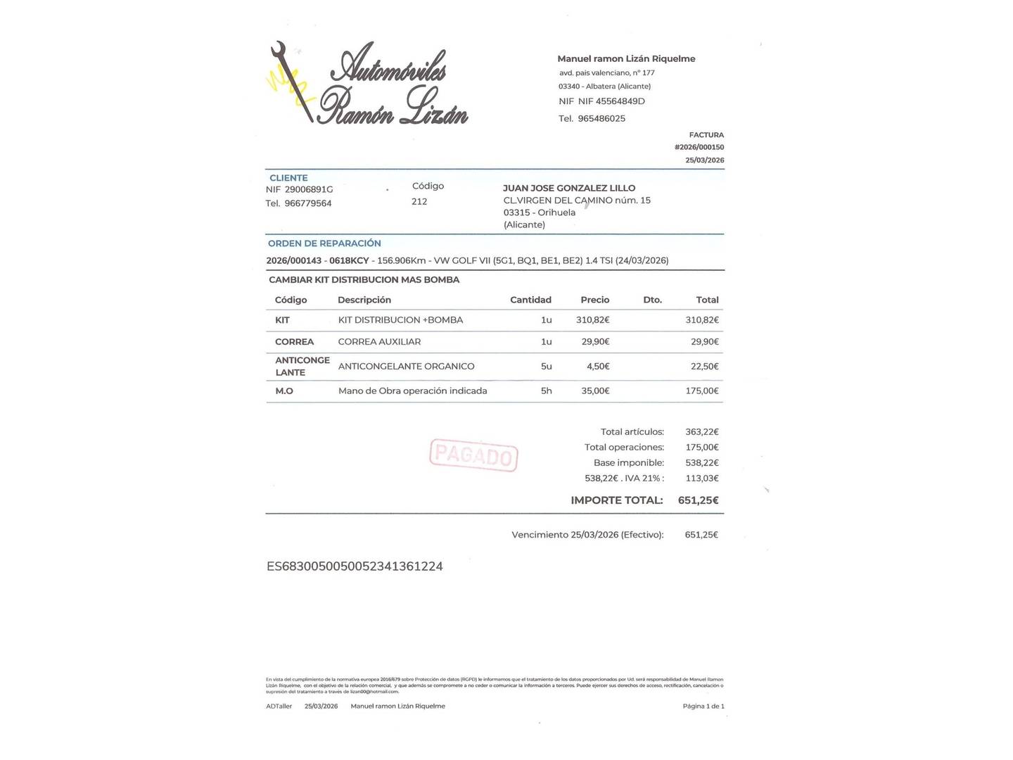 Foto del mantenimiento del Volkswagen Golf Volkswagen Golf Advance 1.4 TSI (125 CV)