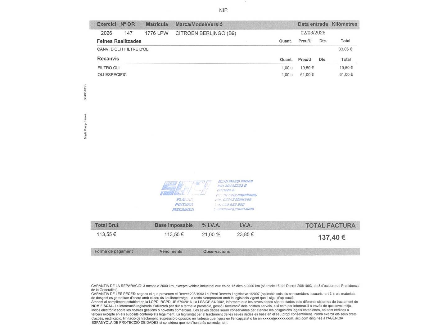 Foto del mantenimiento del Citroën Berlingo Citroen Berlingo BlueHDi 130 S&S Talla M Shine (130 CV)