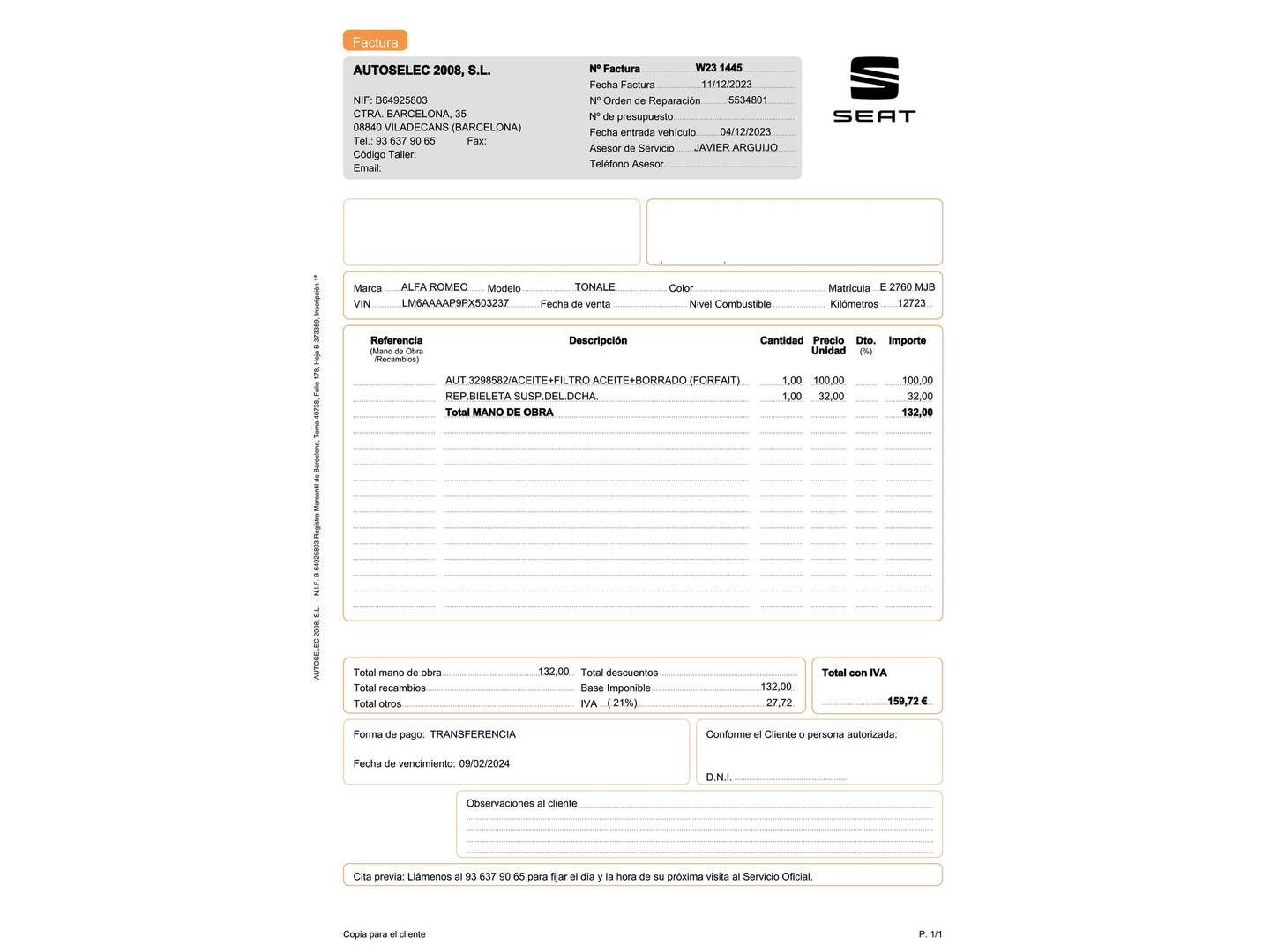 Foto del mantenimiento del SWM G01 SWM G01 1.5T Luxury (131 CV)